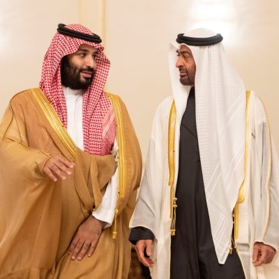 ABU DHABI, UNITED ARAB EMIRATES - November 22, 2018: HH Sheikh Mohamed bin Zayed Al Nahyan, Crown Prince of Abu Dhabi and Deputy Supreme Commander of the UAE Armed Forces (centre R), receives HRH Prince Mohamed bin Salman bin Abdulaziz, Crown Prince, Deputy Prime Minister and Minister of Defence of Saudi Arabia (centre L), during a reception at the Presidential Airport in Abu Dhabi. 
( Ryan Carter / Ministry of Presidential Affairs )
---